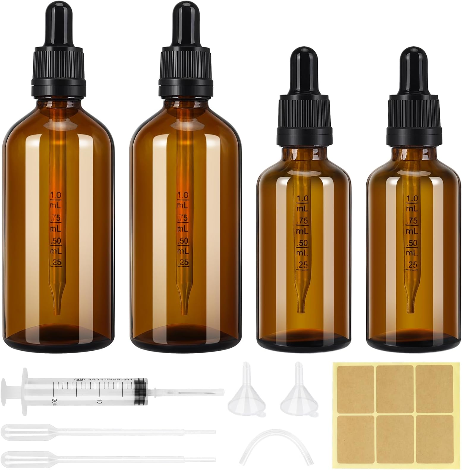 Bottiglie Contagocce Vetro Ambrato 50 Ml - 4 Pezzi Con Pipette E Imbuti Per Oli Essenziali - Foto 6