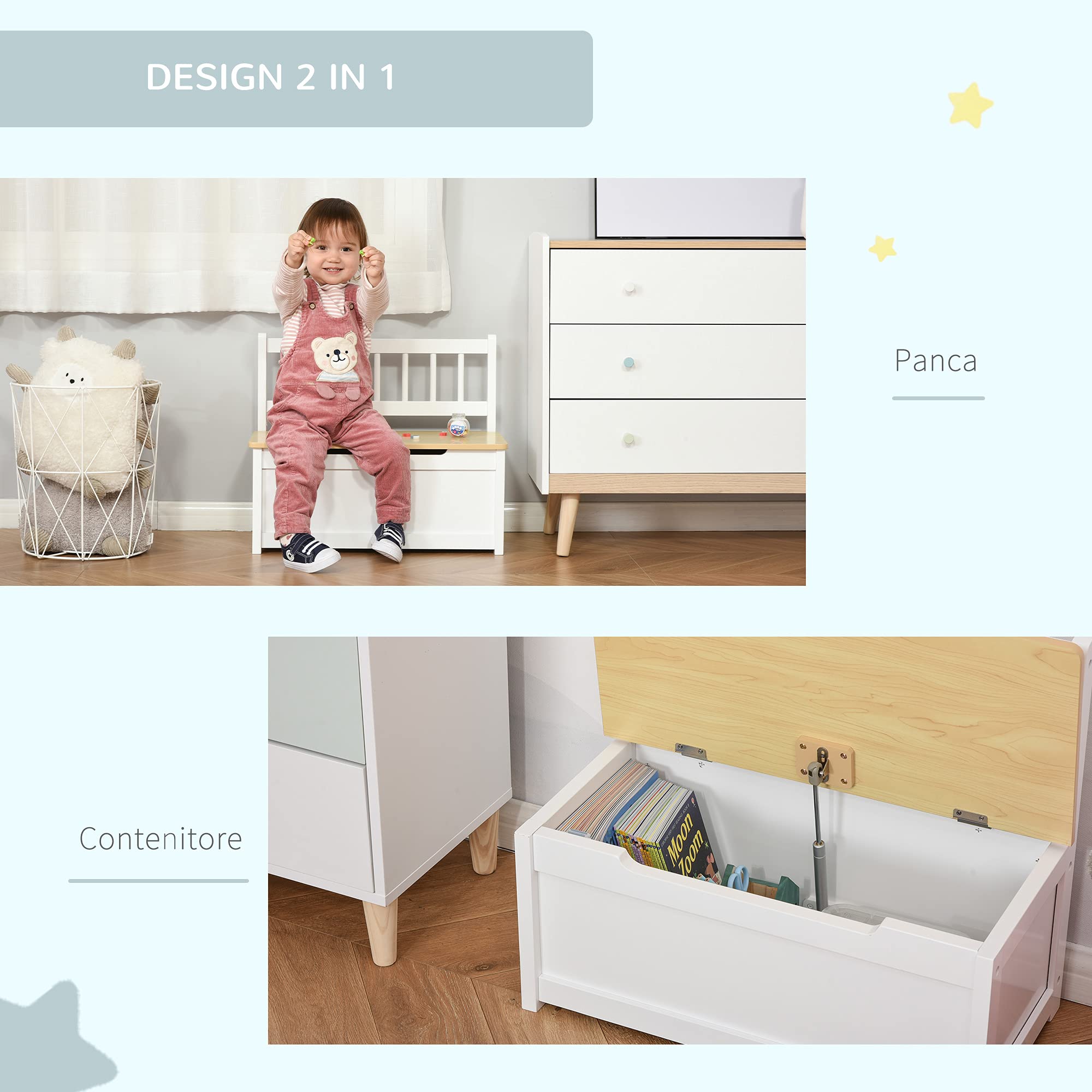 HOMCOM Cassapanca per Bambini 2 in 1 in Legno con Pistone per Chiusura Sicura, 60x30x50cm Bianco e Legno Naturale