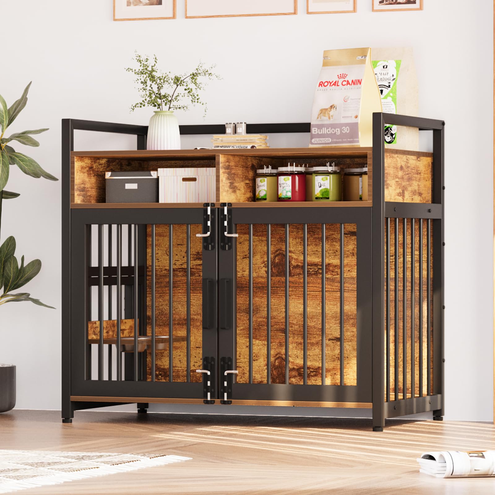 Hundekäfig Möbel Mit Lagerregal, 122x76x110Cm, Hundebox Möbel Mit 360° Drehbaren Hundenäpfen Und Mit 2 Türen, Hochbelastbarer Hundekäfig Für Zuhause, Hundeschrank Für Große Und Mittlere Hunde