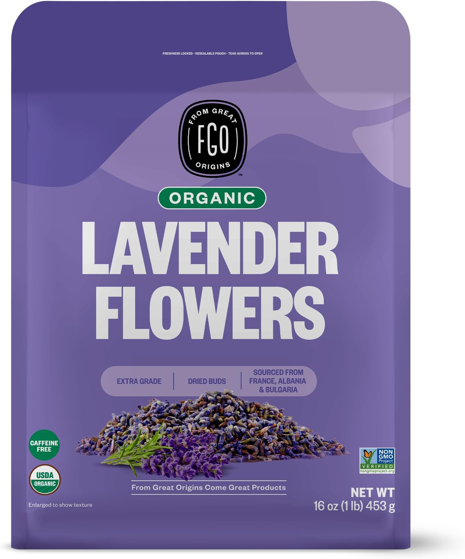 FGO Organic Dried Lavender Flowers, Extra Grade Dried Buds, Imported From France for Culinary or Sachet Bags, 16oz Bulk, Packaging May Vary (Pack of 1)