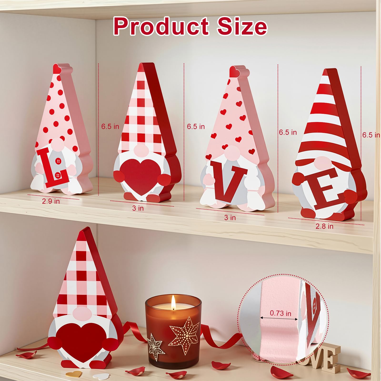 Decoraciones para el día de San Valentín – 4 letreros de gnomo de madera, decoración de bandeja escalonada de madera roja y rosa, bonita decoración del día de San Valentín para el hogar,