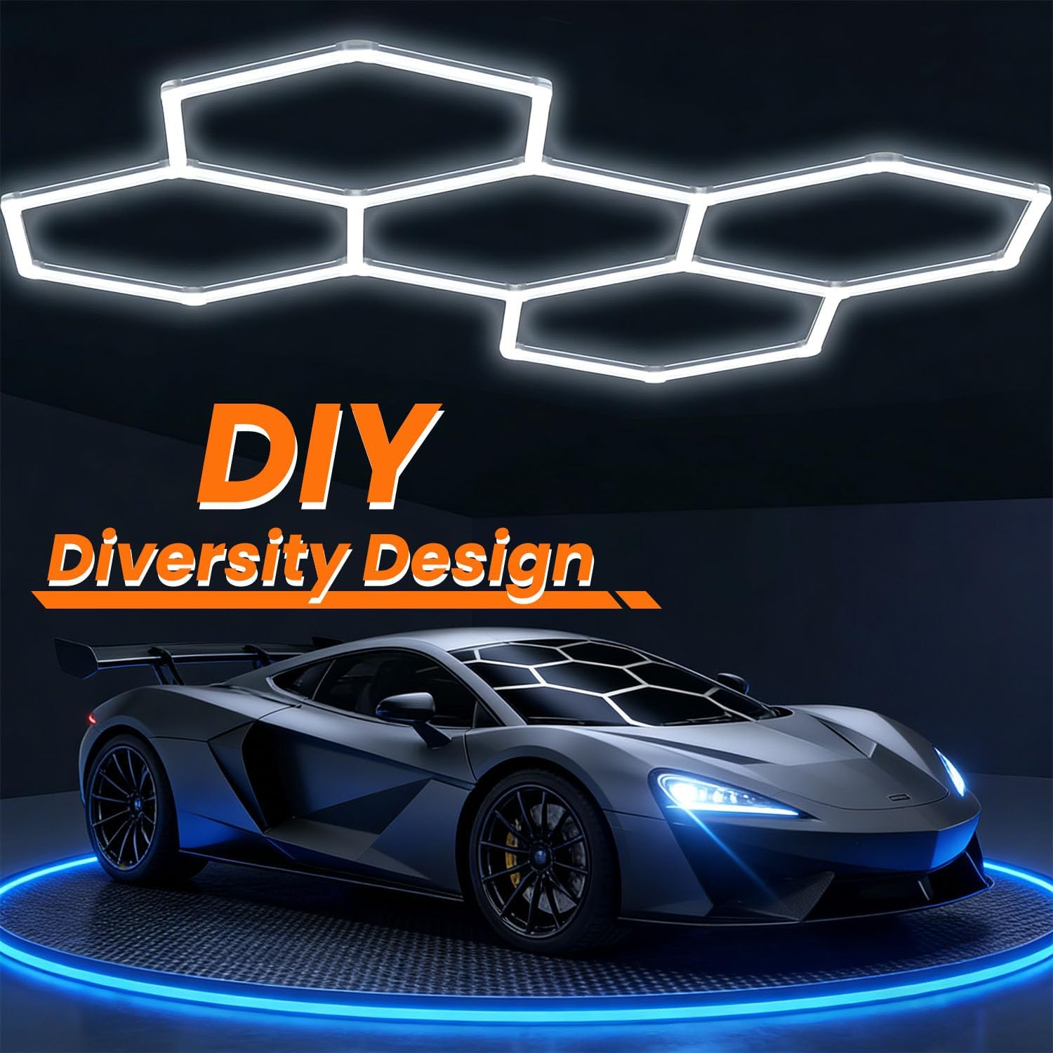 Hexagon Garage Lights 168W 5-Grid LED Hex Lights, 6500K Ultra Bright Honeycomb Fixture for Auto Shop, Basement Gym, Barber Studio, Home Workshop, Retail Space