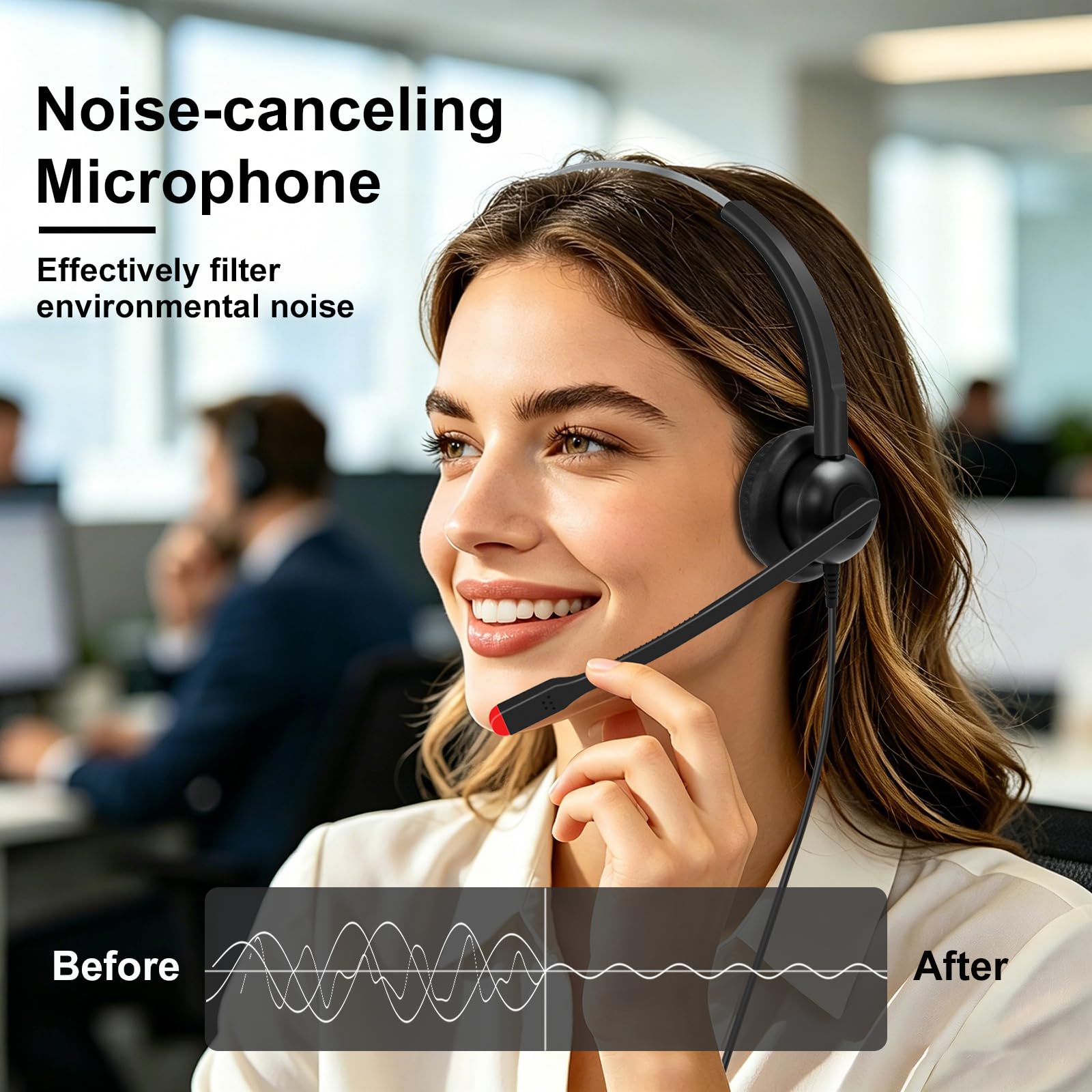 Callez Casque USB avec microphone antibruit, casque monaural pour ordinateur avec contrôle du volume et sourdine, casque de bureau filaire léger pour PC, ordinateur portable, zoom, équipes, Skype