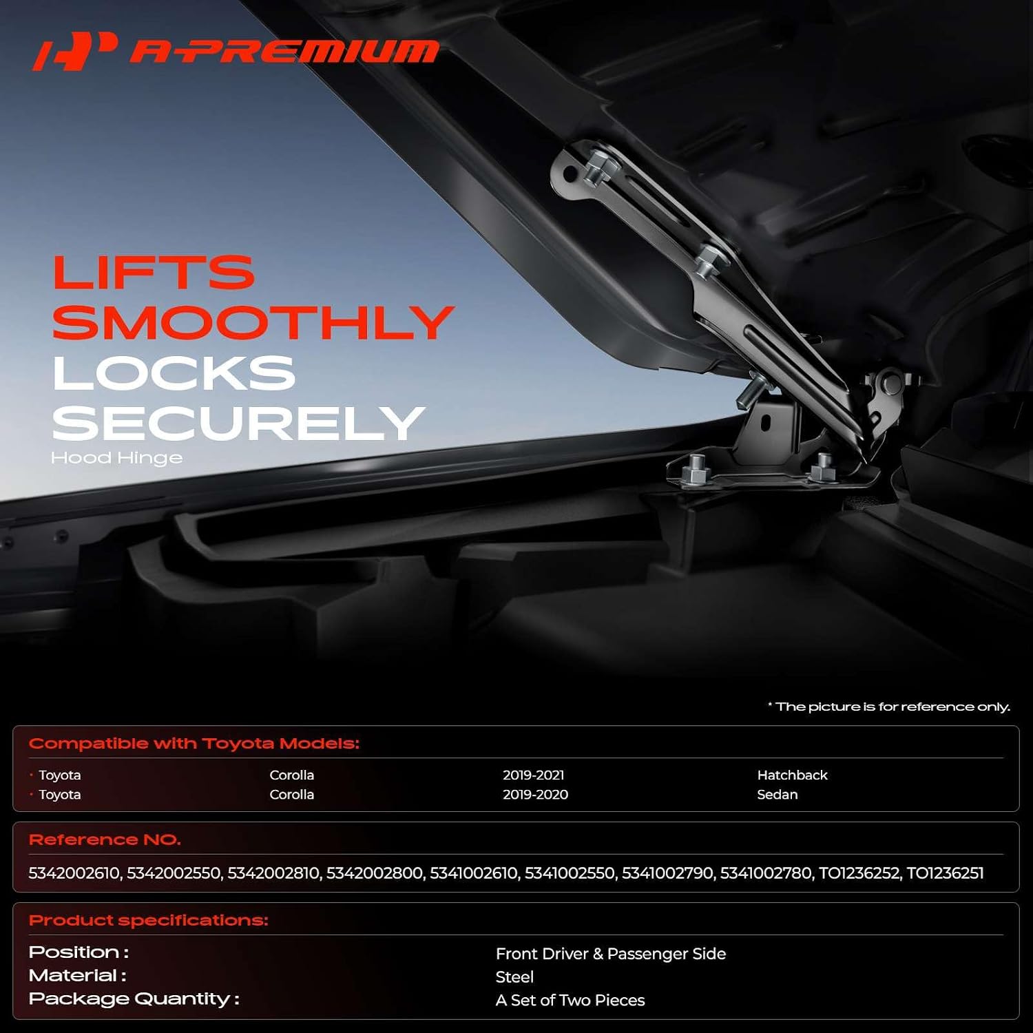 A-Premium Driver and Passenger Hood Hinges Compatible with Toyota Corolla 2019 2020 2021, Set of 2 Front Left and Right Side Hood Hinges