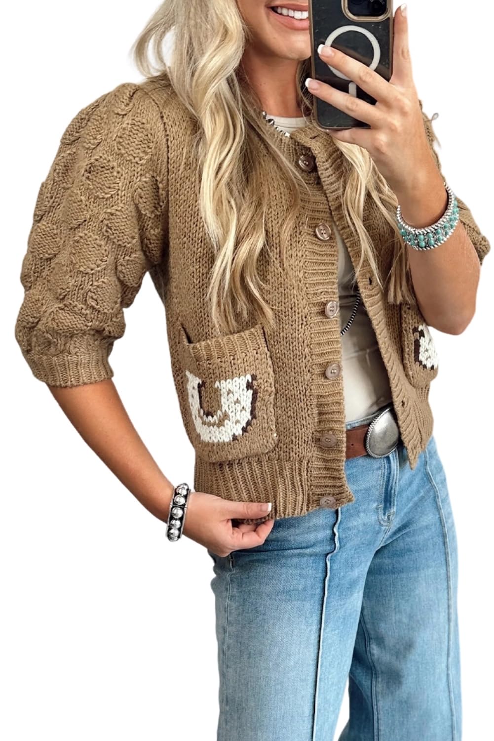 Urchics Womens Western Sweater Textured Knit Puff Sleeve Western Horse Print Pocketed Sweater Cardigan