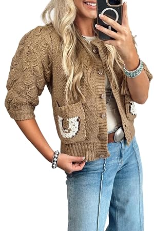 Urchics Womens Western Sweater Textured Knit Puff Sleeve Western Horse Print Pocketed Sweater Cardigan