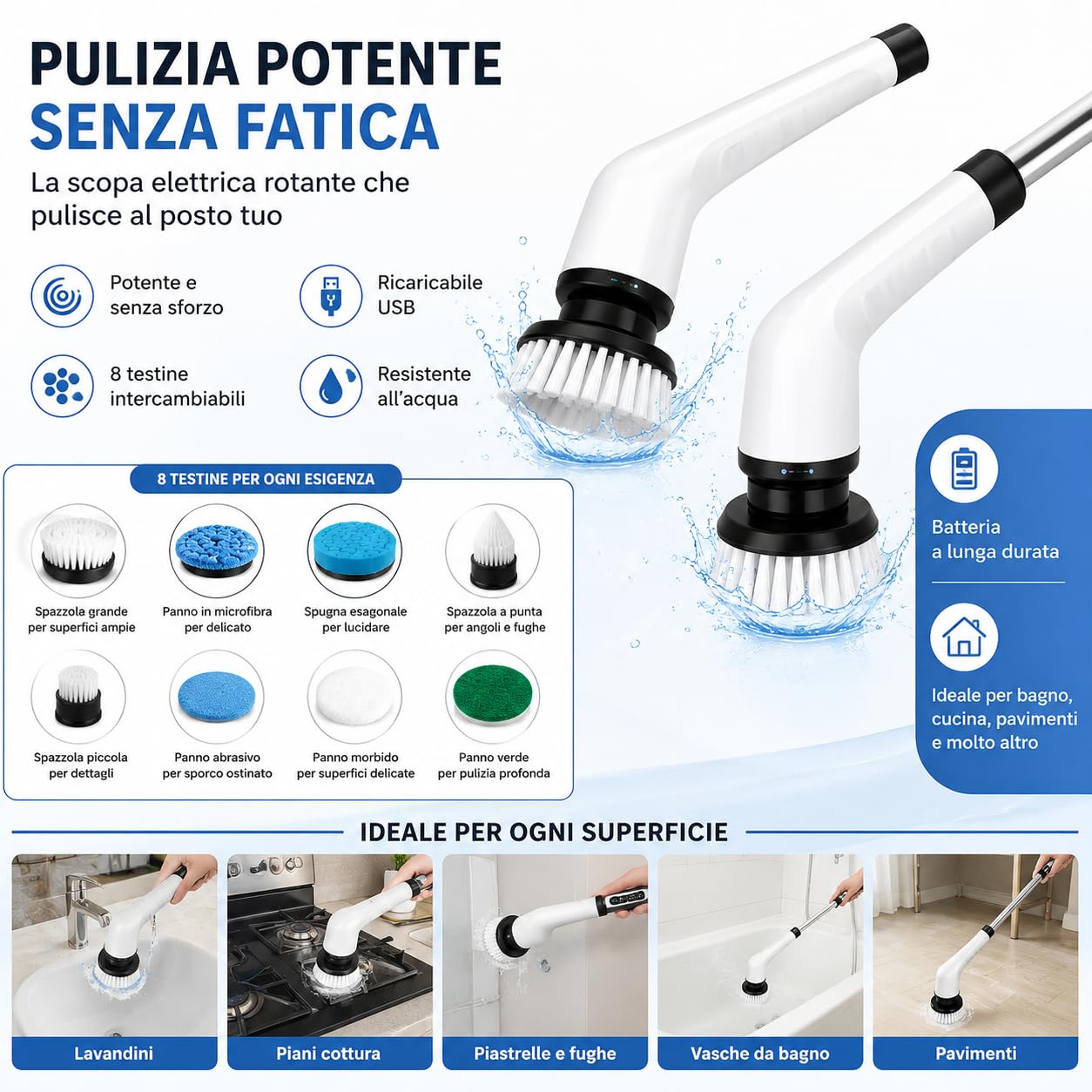 Spazzola Elettrica Rotante Senza Fili con Ricarica USB-C, 8 Testine Intercambiabili, Manico Telescopico Regolabile, Spazzola Elettrica per Bagno, Doccia, Cucina, Pavimenti e Auto