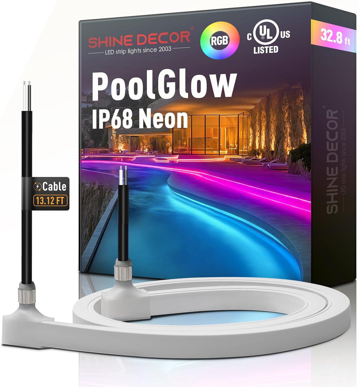 Shine Decor IP68 Waterproof LED Strip Light, 24V Pool Rated Submersible Silicone Neon, UL Listed Underwater Outdoor LED Rope Light for Pool Fountain Waterfall Bathtub, 16x16mm, RGB, 32.8FT