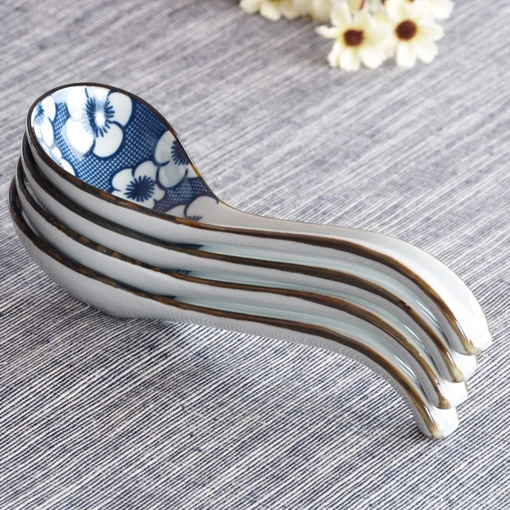 Tablespoons Japanese Style Long Handle Spoon Household Ceramic Spoon Dinner Spoon with Blue Pattern Creative Tableware High Temperature Resistant Non-fading 4 Pack Serving Spoon (Color : D)