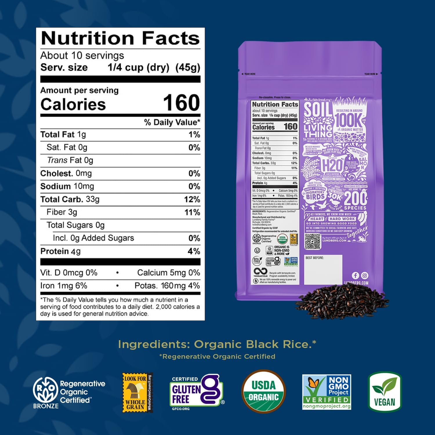 Lundberg Black Pearl Rice, Regenerative Organic Certified, 6-Pack – Full-Bodied Black Rice, Responsibly Grown in California, 16 Oz Ea
