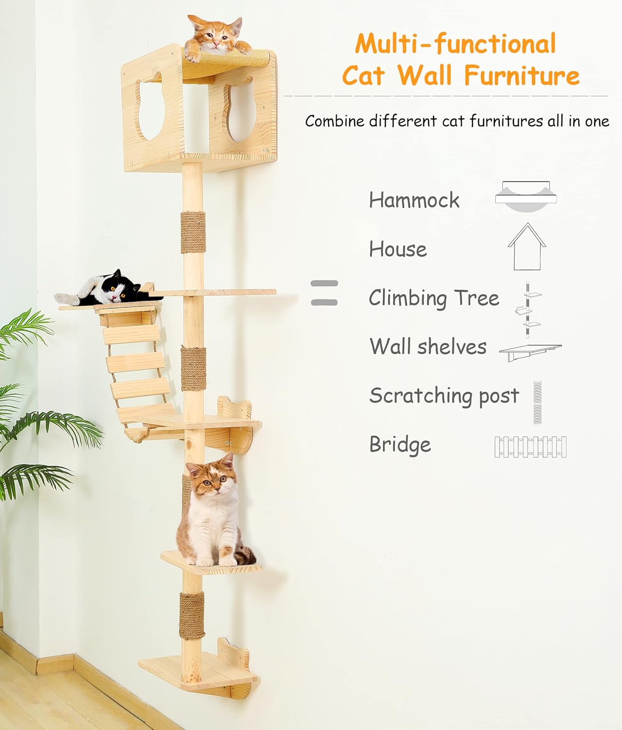 review Cat Tree House with Hammock Wall Mount Cat Shelf Climbing Tall Activity Tower Solid Wood Indoor Cat Wall Furniture 75 Inch