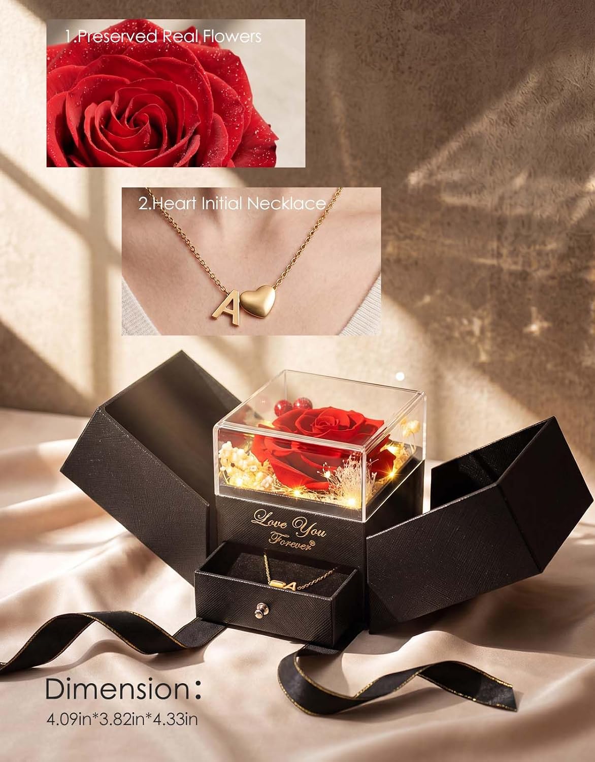 Ledido Heart Initial Necklace Letter A with Preserved Rose Box for Women | Preserved Rose Box with 18K Gold Plated Necklace, Gift for Mom Wife Girlfriend on Valentines Birthday Anniversary Mothers Day