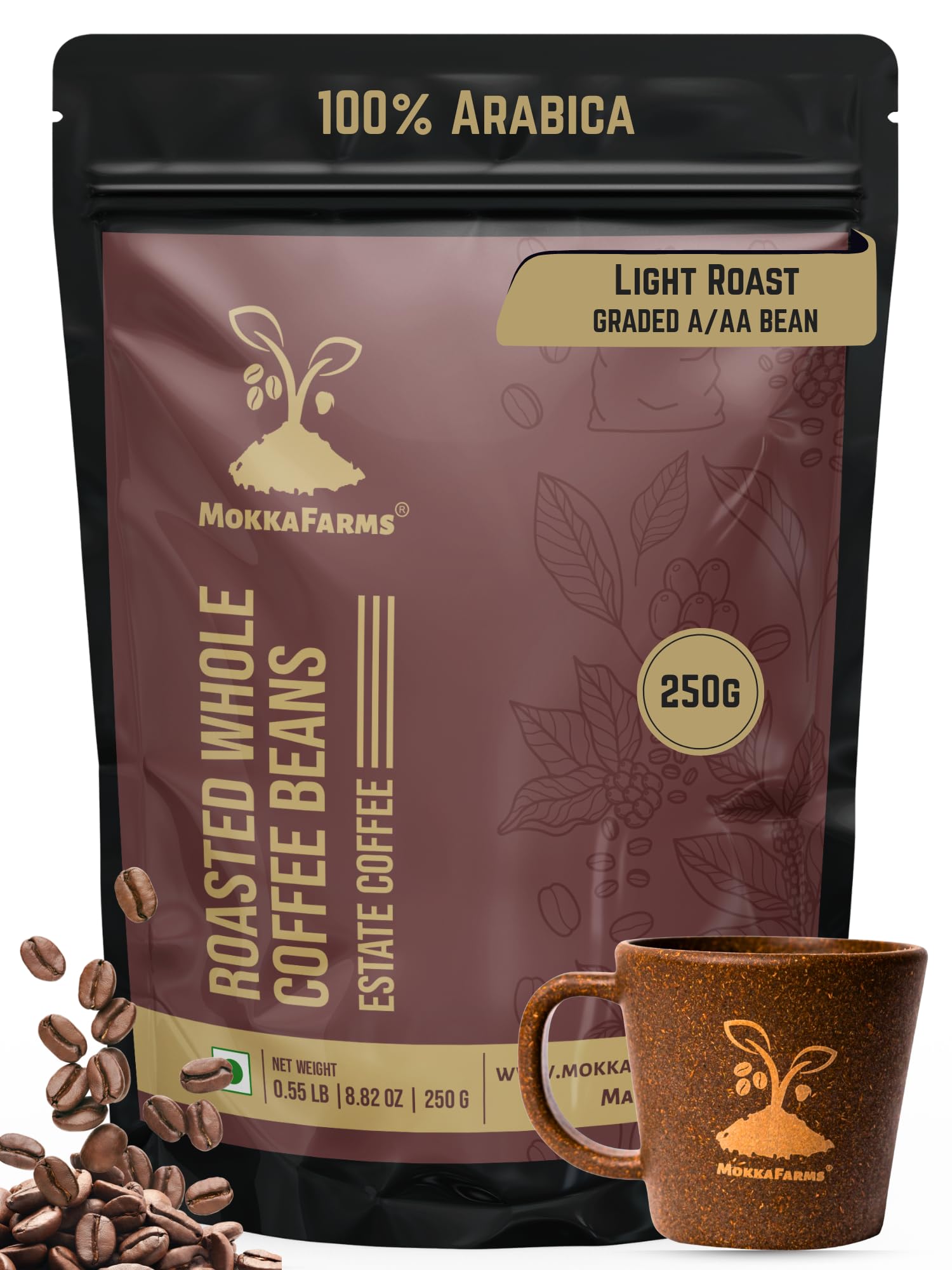 Mokka Farms Premium Roasted Coffee Beans 250g | 100% Arabica | Light Roast | Fresh Estate Coffee | Graded A/AA Whole Beans | Strong Flavor & Aroma | Farm to Fork Quality | Resealable Zip Lock Bag