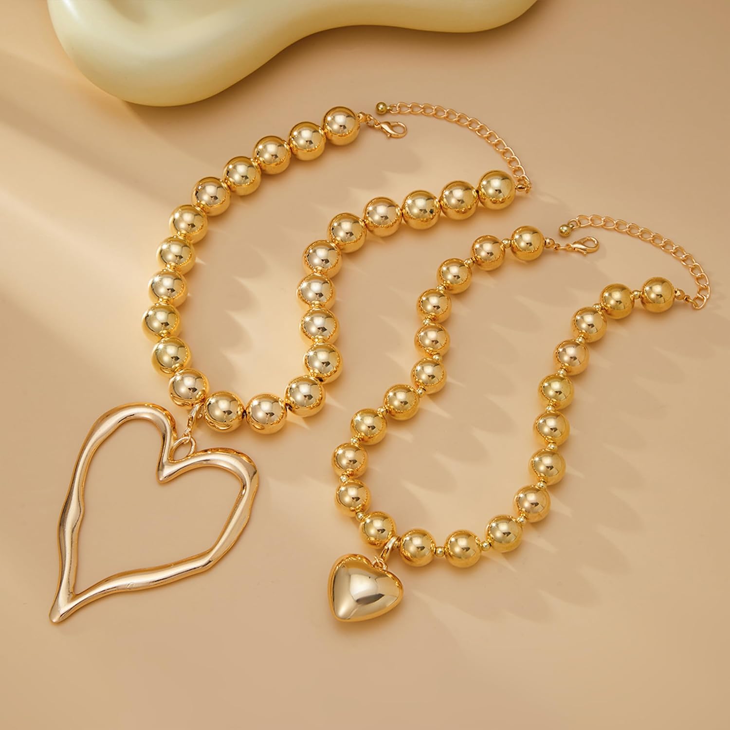 Layered Necklace for Women Statement Heart Pendant Multi Strand Beaded Gold Tone Necklace Chunky Fashion Jewelry Bold Style