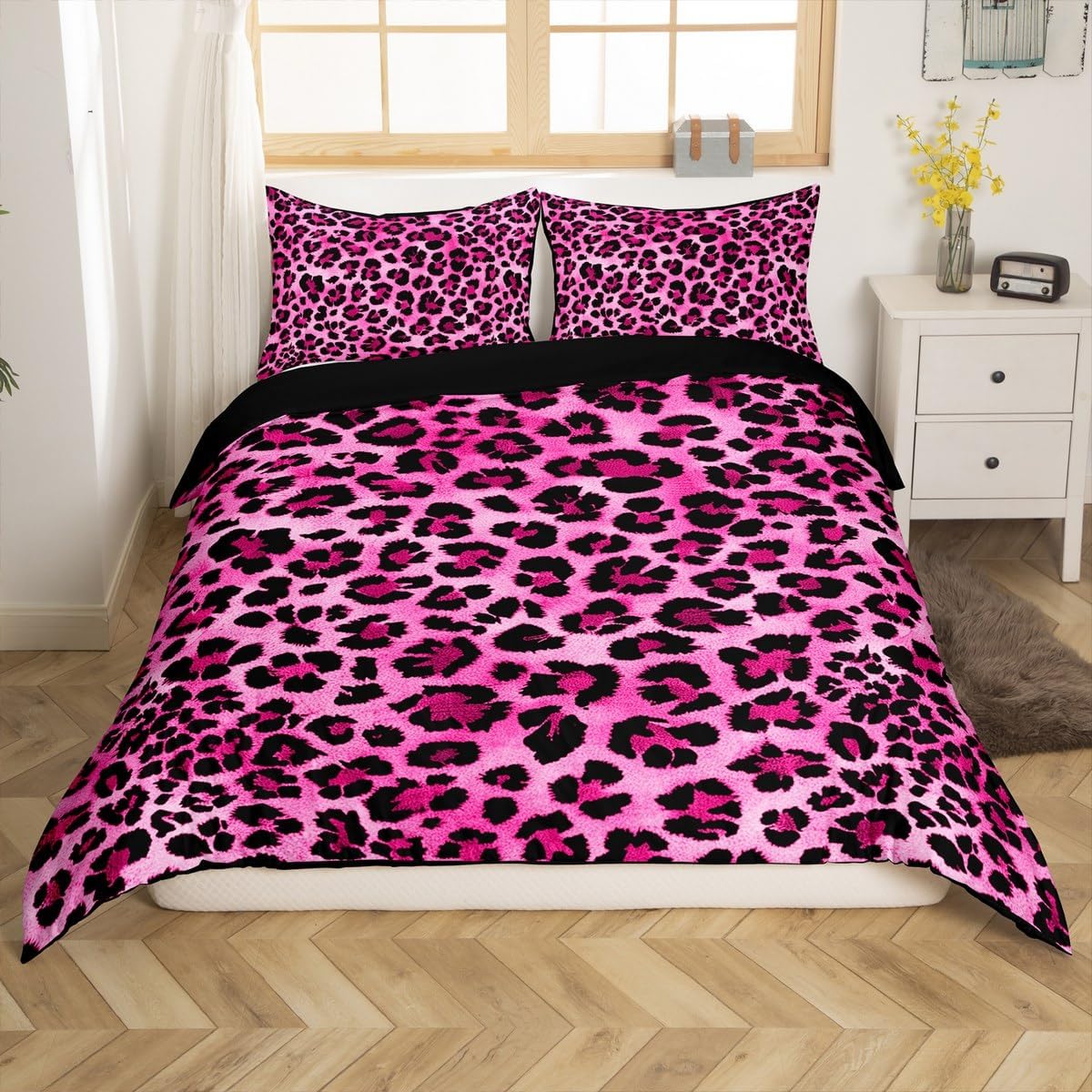 Feelyou Leopard Bedding Set Twin Size Kids Cheetah Comforter Cover Set for Boys Teens Hot Pink Animal Print Duvet Cover Breathable Safari Bedspread Cover Room Decor Zebra Quilt Cover