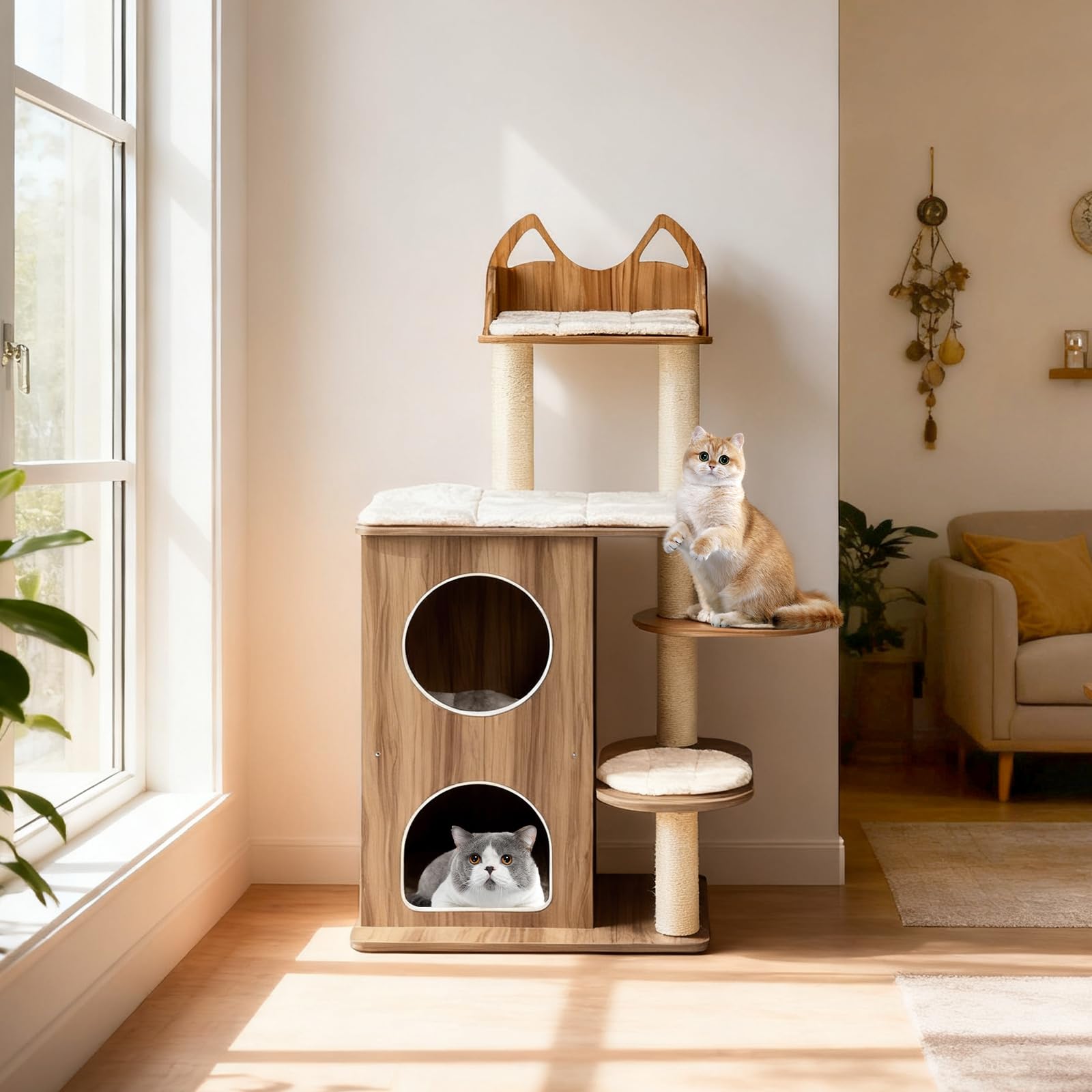 GOPLUS Árbol Rascador para Gatos con 2 Camas, una Plataforma Rectangular, 2 Plataformas Redondas y un Posadero con Barandillas, Rascador de Interior con Postes de Sisal y Alfombrillas Extraíbles