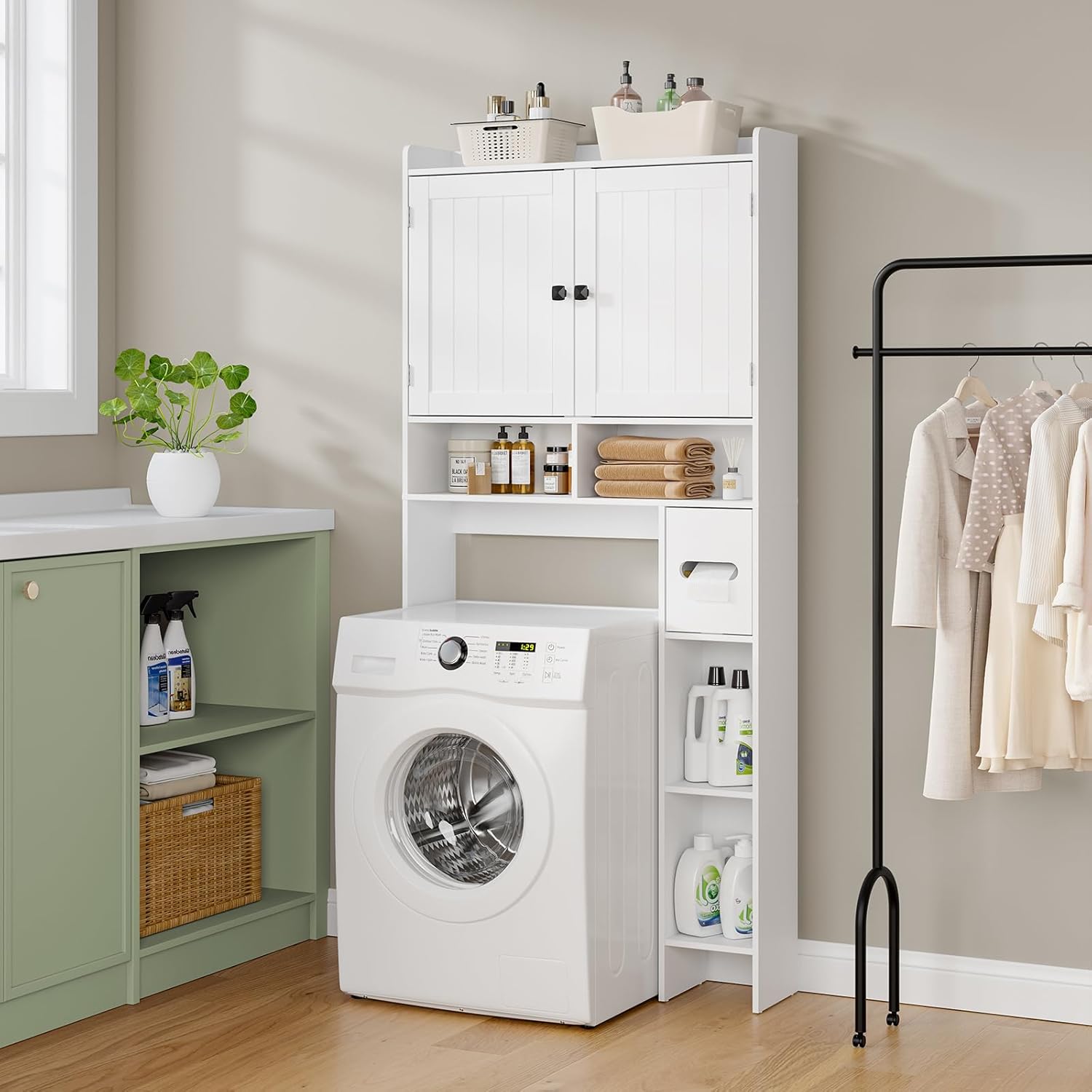 RRX Over The Toilet Storage Cabinet, Bathroom Toilet Paper Holder Stand,30.7" L x 7.87 "W x 65.7 "H Freestanding Toilet Shelf Space Saver for Bathroom,Laundry(Milky White)