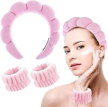 Facial Spa Headband For Women Skincare Hairband - 3 Pcs Set, Makeup Hair Band For Facial Time Head Band For Women Facial Skin Care With Soft Wrist Bands - Pink