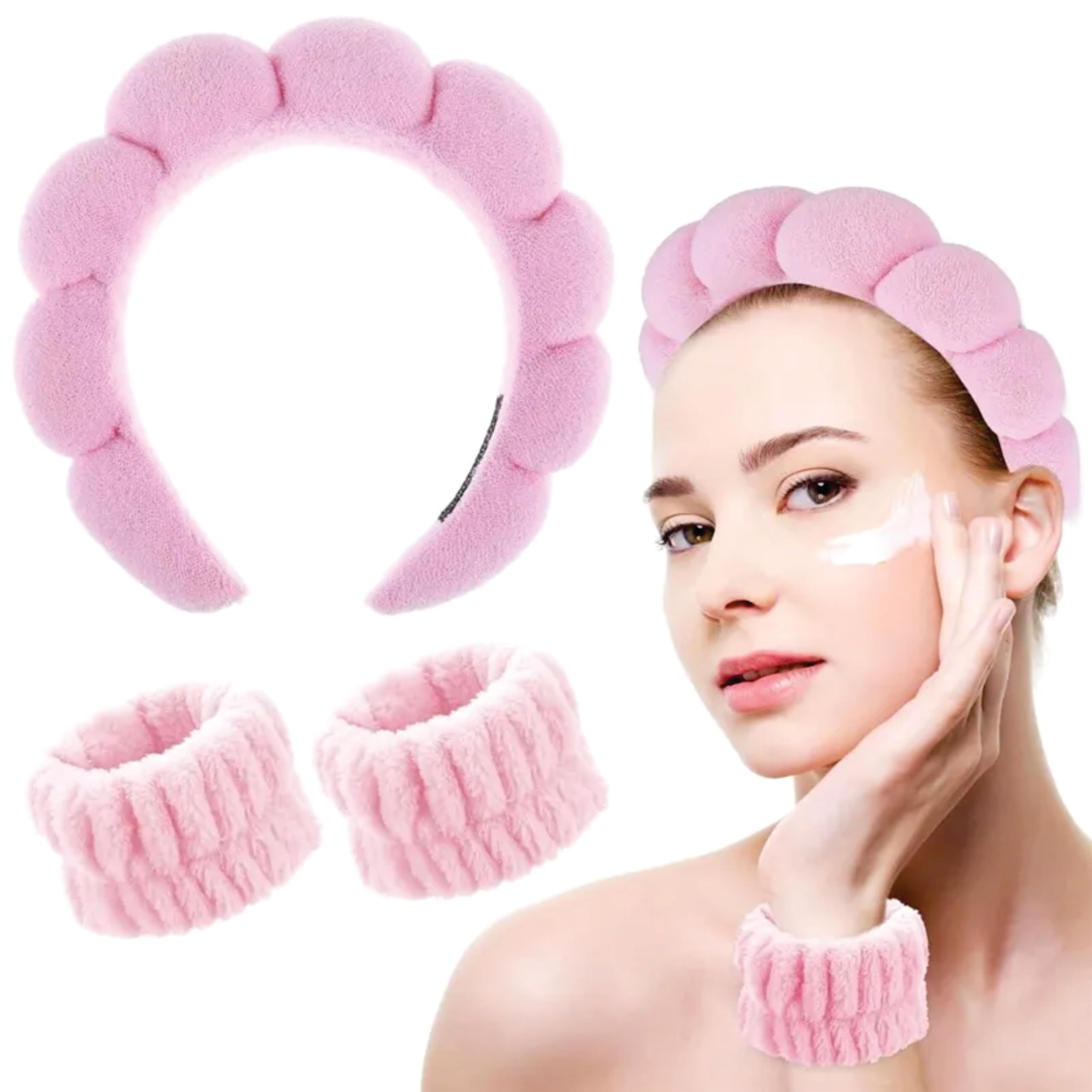 mayklen Facial Spa Headband For Women Skincare Hairband - 3 Pcs Set, Makeup Hair Band For Facial Time Head Band For Women Facial Skin Care With Soft Wrist Bands - Pink-picture-55