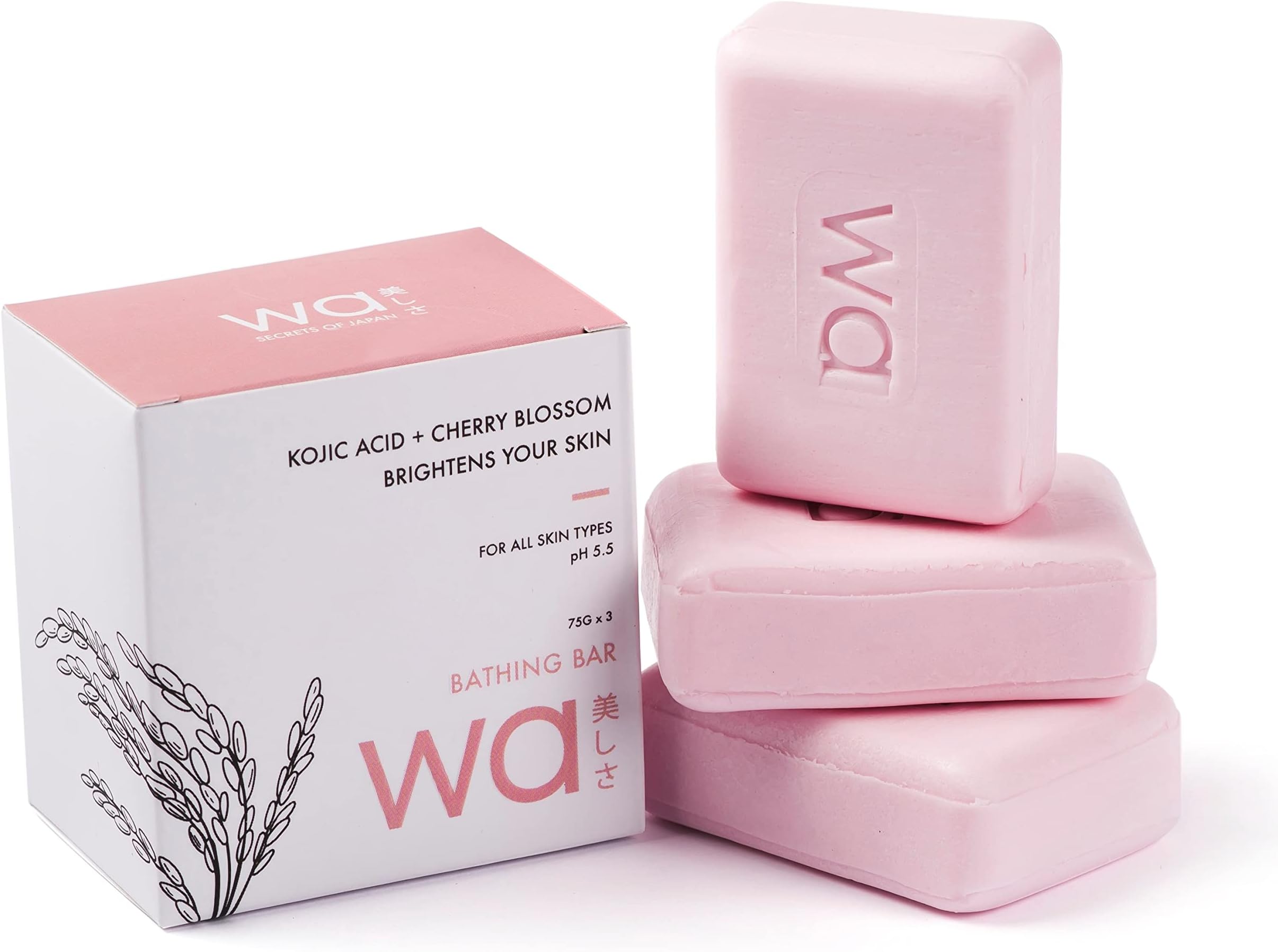 Wa - Secrets Of Japan | Skin Brightening Soap | Kojic Acid, Cherry Blossom, Vit. C & E | Ph 5.5 | 75G X Pack Of 3 | Glutathione, Arbutin, Papaya Extract & Shea Butter