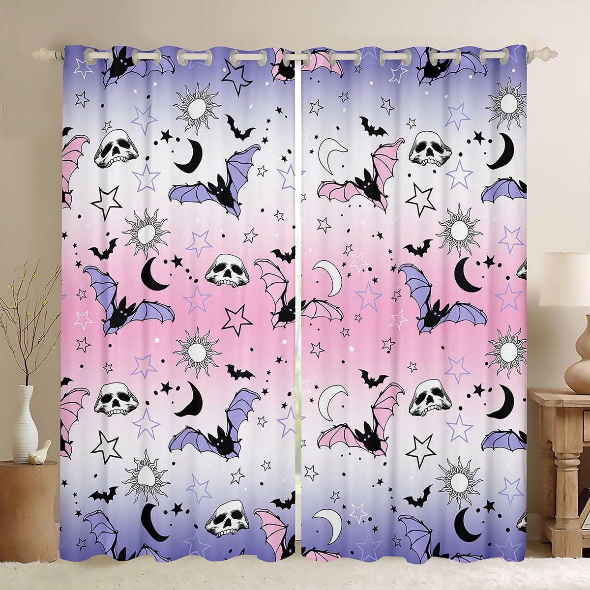 Kids Halloween Bat Skull Decorations Curtains Stars Moon Galaxy 30%-50% Blackout Window Curtains Bedroom Toddlers Teens Gradient Pastel Pink Purple Window Drapes Treatments Cute, 42W X 84L,2 Panels