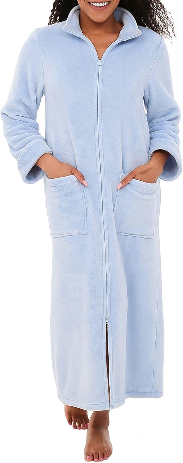Alexander Del Rossa Long Zip Up Robes, Plush Zipper Robes for Plus Size, Housecoats Zipper Front
