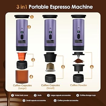 RoserRose Máquina de Café Portátil, Cafetera Capsulas - Inalámbrica y Auto-Calentadora - Con Batería 7800mAh, Función de Carga USB-C y Presión de 20 Bar - Compatible con NS/DG/Café Molido (Morado)5