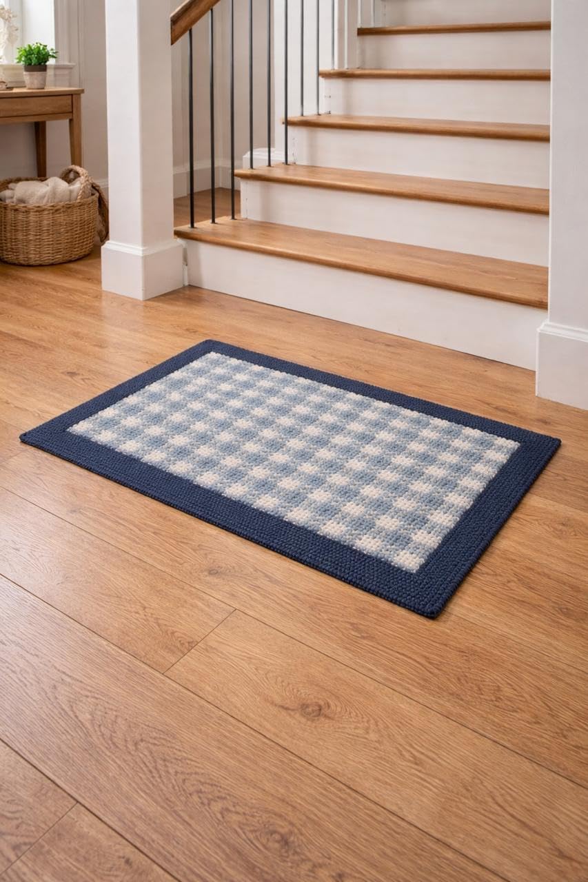 Soft Cotton Reversible Bath Mat with Checkered Pattern, Navy Blue and White Border Design Anti Slip Bath Mat Non Slip Bath Mat Kitchen Bedroom Living Room Pooja Room Anti Skid Mat (80X50)