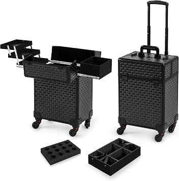 Arous Rolling Train Makeup Case Cosmetology Case on Wheels, Black | Cosmetic Travel Trolley 4 Tray with Sliding Rail Removable Middle Layer with Key Salon Barber Case Traveling Cart Trunk