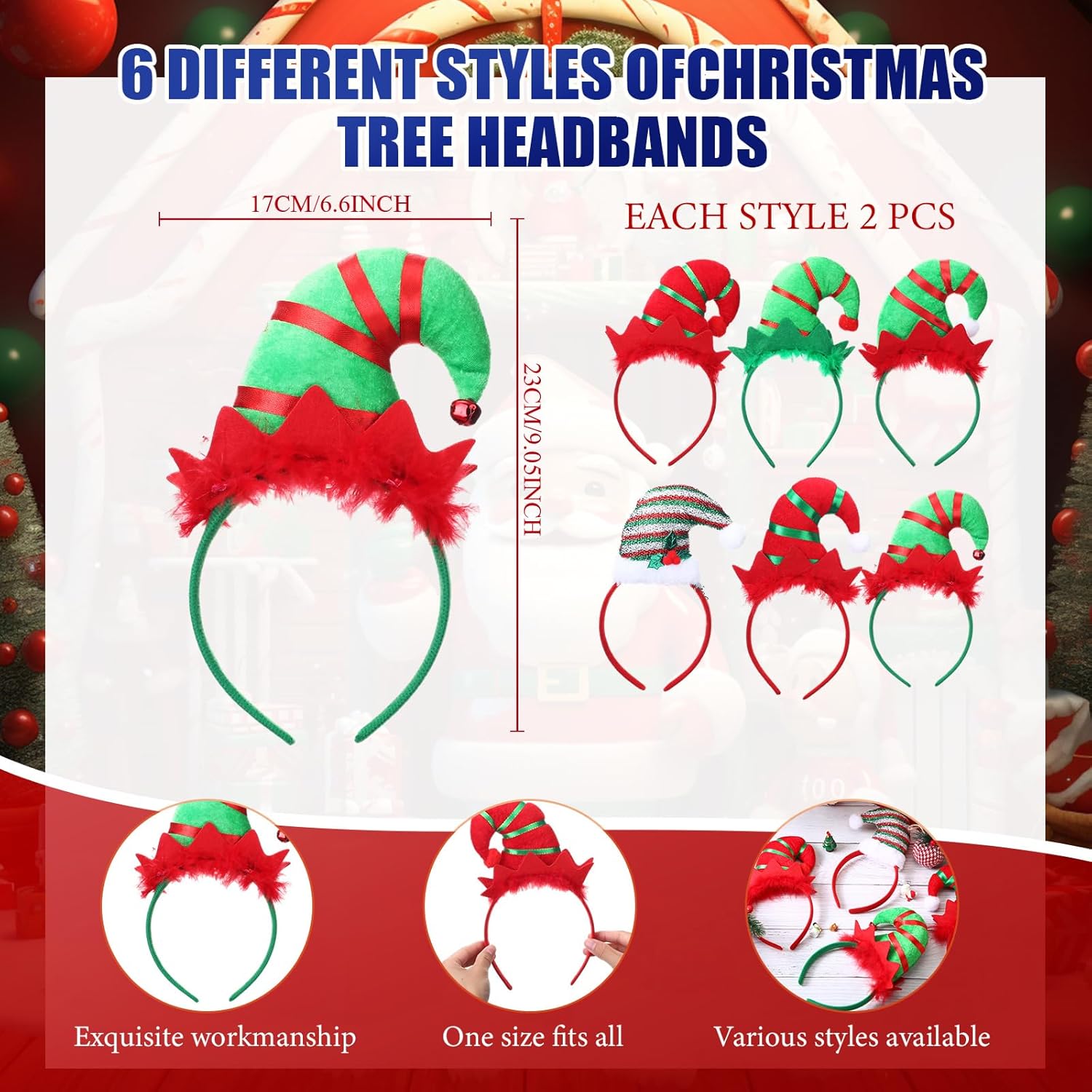 Liliful 12 Pcs Christmas Elf Headband Elf Costume Accessory Xmas Headwear Hair Hoop Decorations Costume Ornament