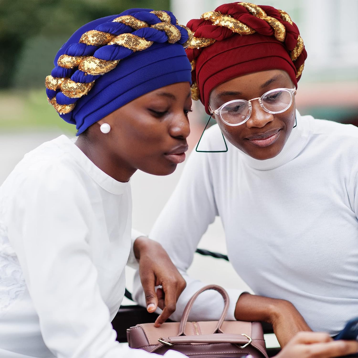 6 Pcs African Turban Hats for Women Turban Head Wraps for Black Women Sequined Braid Beanie Cap Stretchy Twisted Hat