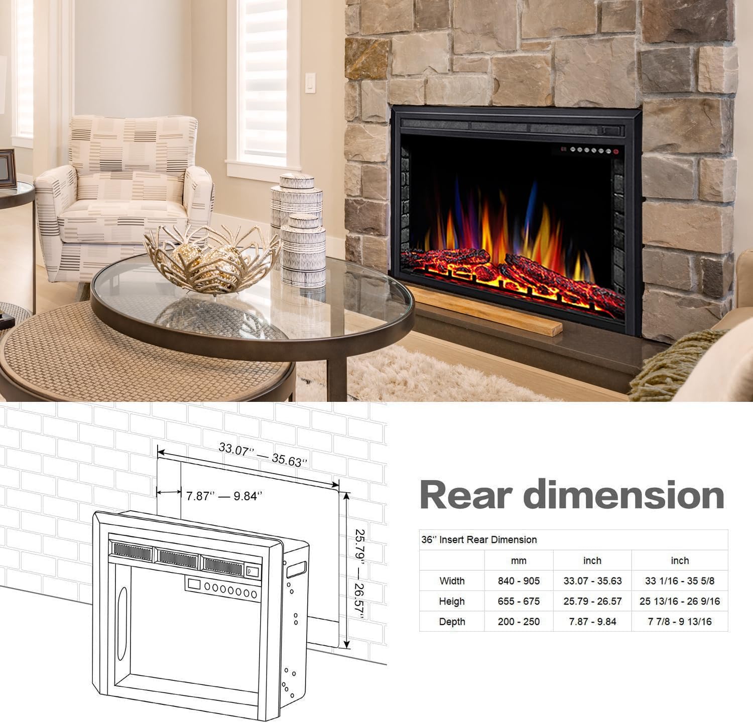 ELECTACTIC 36" Electric Fireplace Insert,Recessed Electric Stove Heater,Touch Screen,Remote Control,750W-1500W with Timer & Colorful Flame Option (36" X 27")