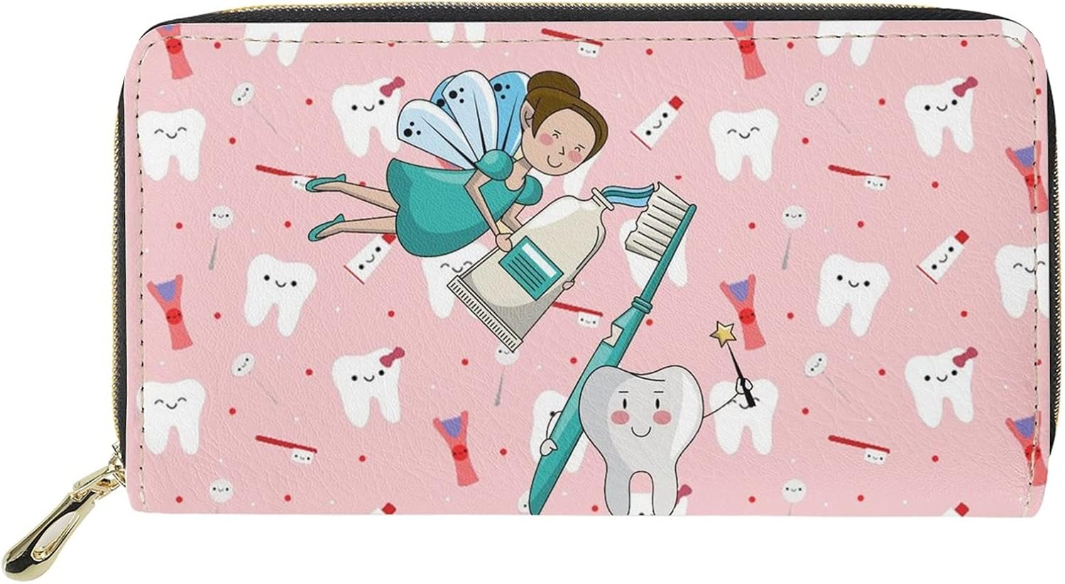 Dolyues Cute Pink Cartoon Tooth Dental Angel Print Women Long Wallets Large Capacity Pu Leather Purse for Credit Card Cash - Image 4