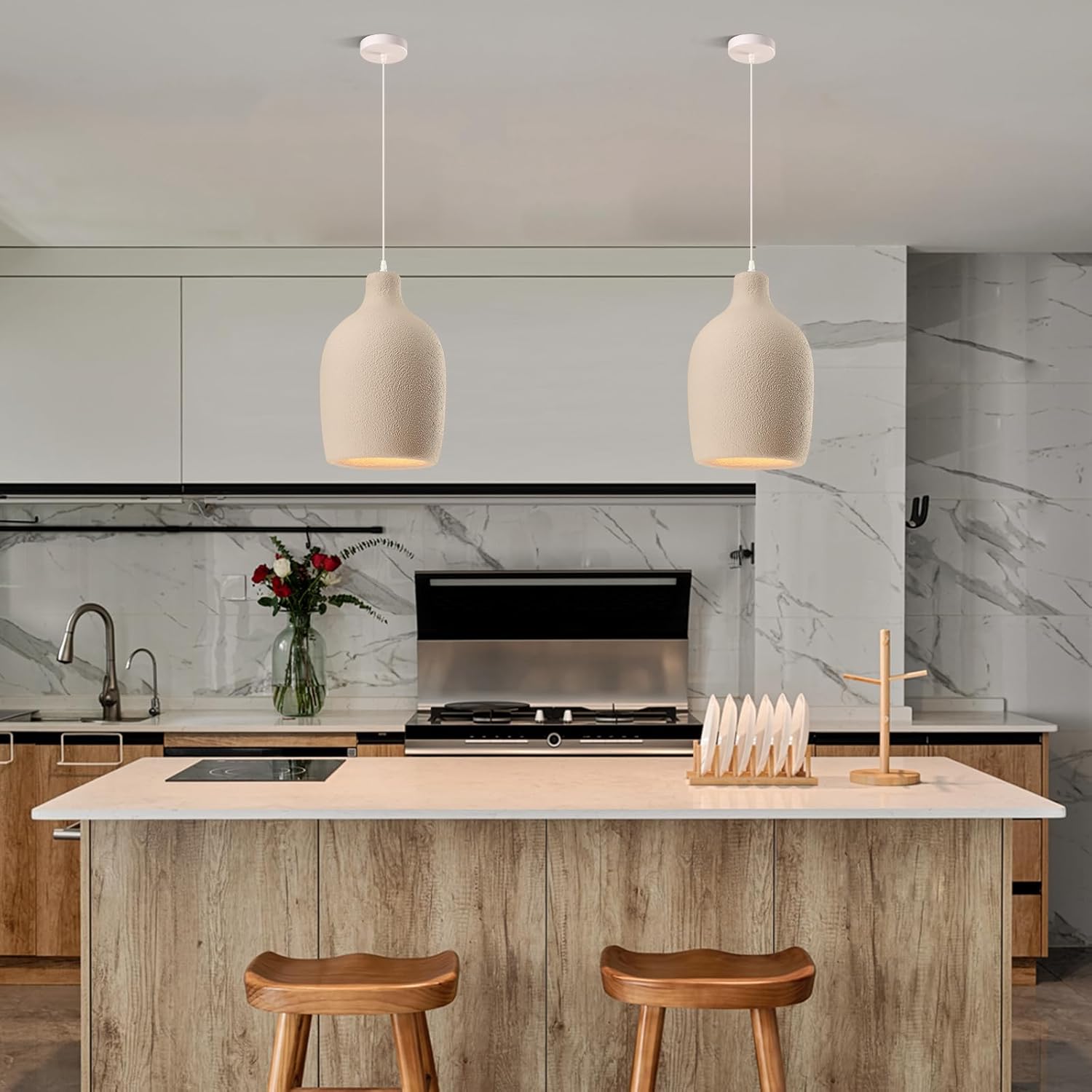 JAYMP Wabi Sabi Pendant Light for Dining Room Kitchen Island Light Hallway Restaurant Hanging Lamp E26 Base Japanese Style Wine Bottle Shape Lighting Fixture, 1 Pack (Light Brown,C Shape, D26×H46cm)