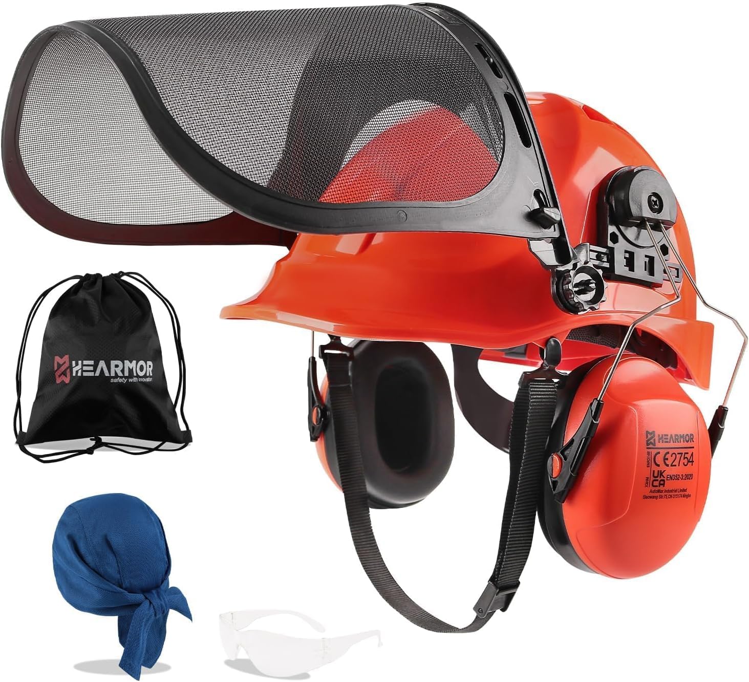HEARMOR Casque de protection pour tronçonneuse avec visière en maille d'acier et protection auditive pour paysagistes et forestiers - Inclus sac portable et doublure de casque rafraîchissante