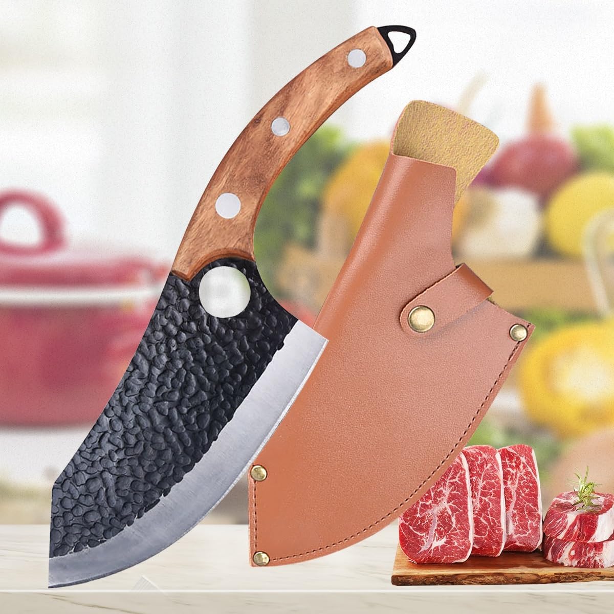 Meat Cleaver,Cleaver Knife Hand Forged Boning Knife Stainless Steel Meat Cutter Boning Knife Meat Cutter Camping Fishing Knife Boning Knife (Color : Knife with Sheath)