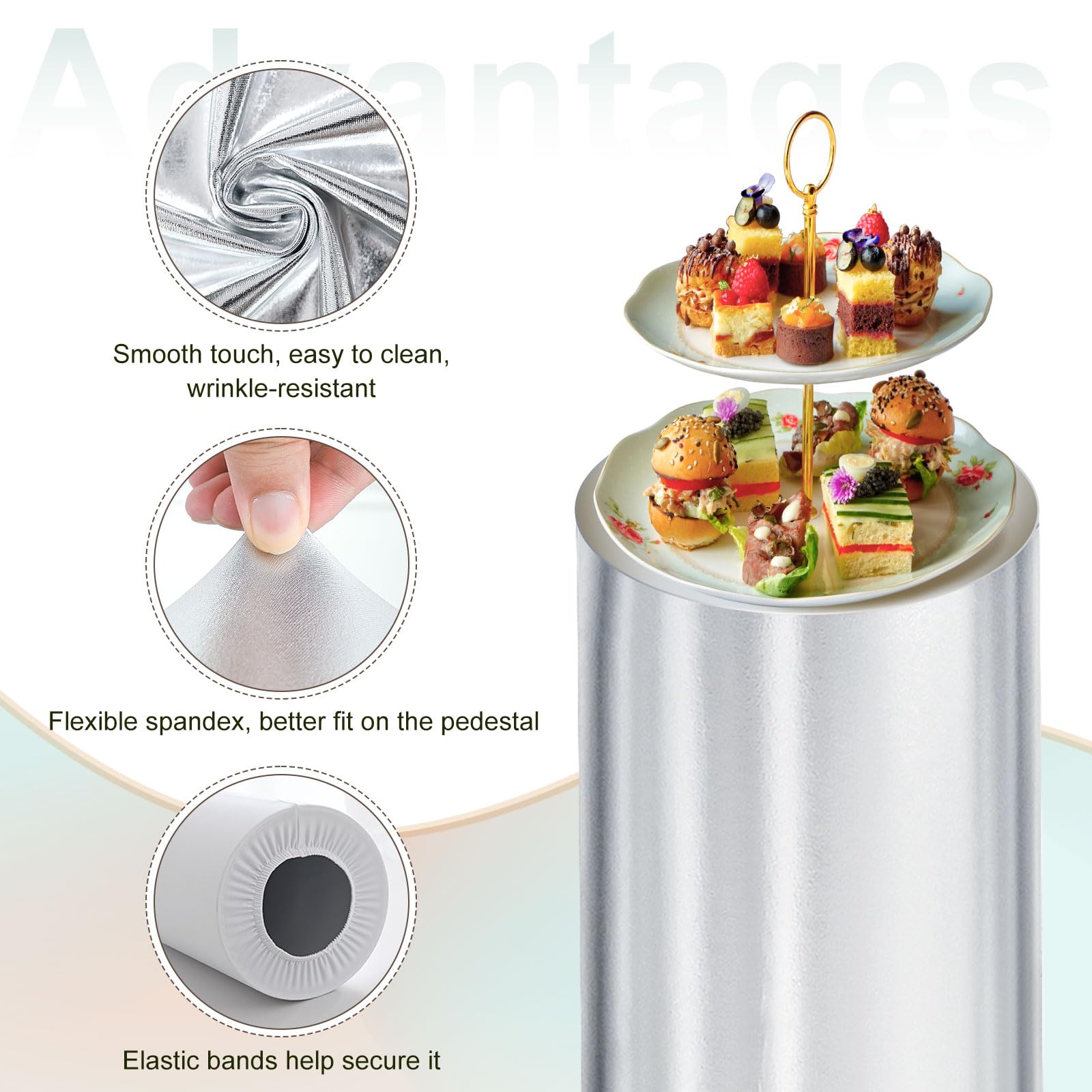 QUARKZMAN Set of 5 Housses Pour Supports Cylindriques Ton Argenté, Housse Pour Socle Pour Décoration De Mariage Anniversaire Fête, Contient Uniquement (Tissu Métallisé)