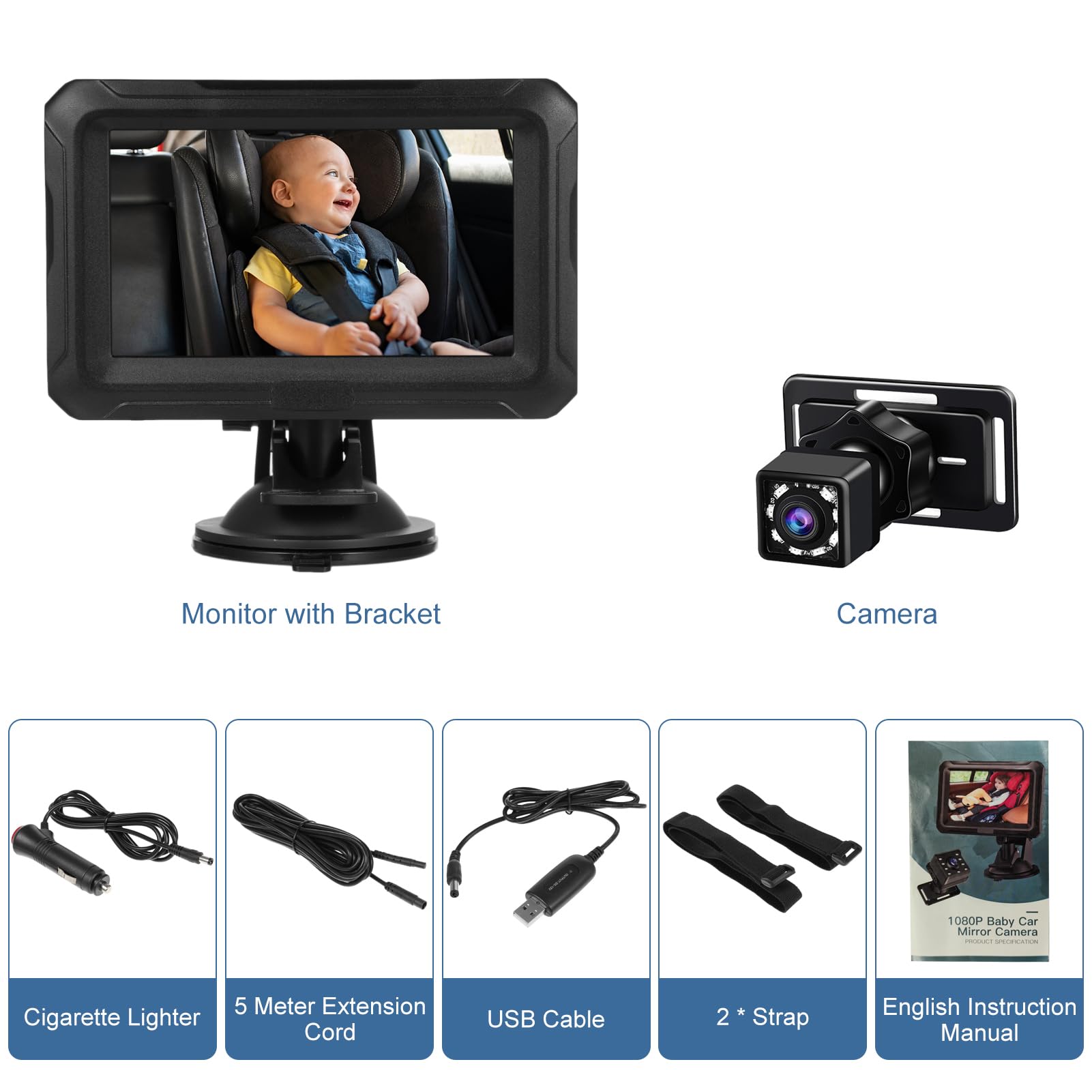 Cámara para Coche de Bebé, Espejo para Coche de Bebé 1080P de 4, 3 Pulgadas con Visión Nocturna, Rotación de 360°, Monitor de Bebé con Ángulo de Visión de 150° para Bebés, Niños (con cable USB)