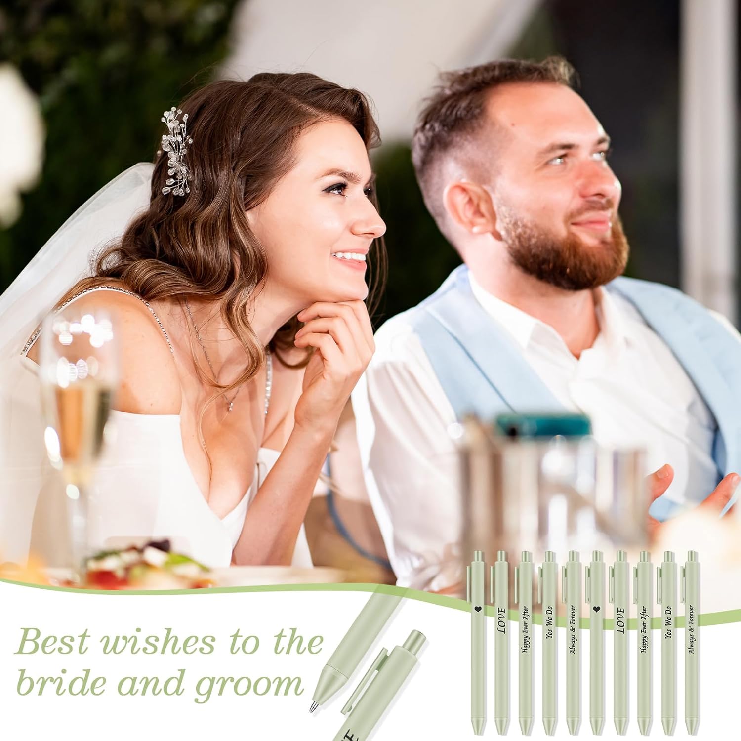 Ctosree 50 Pcs Bridal Shower Pens Wedding Pens for Guest Book Black Ink Retractable Ballpoint Pen for Bridal Shower Proposal Bachelor Slumber Party Women (Green with Black Word,Sage)