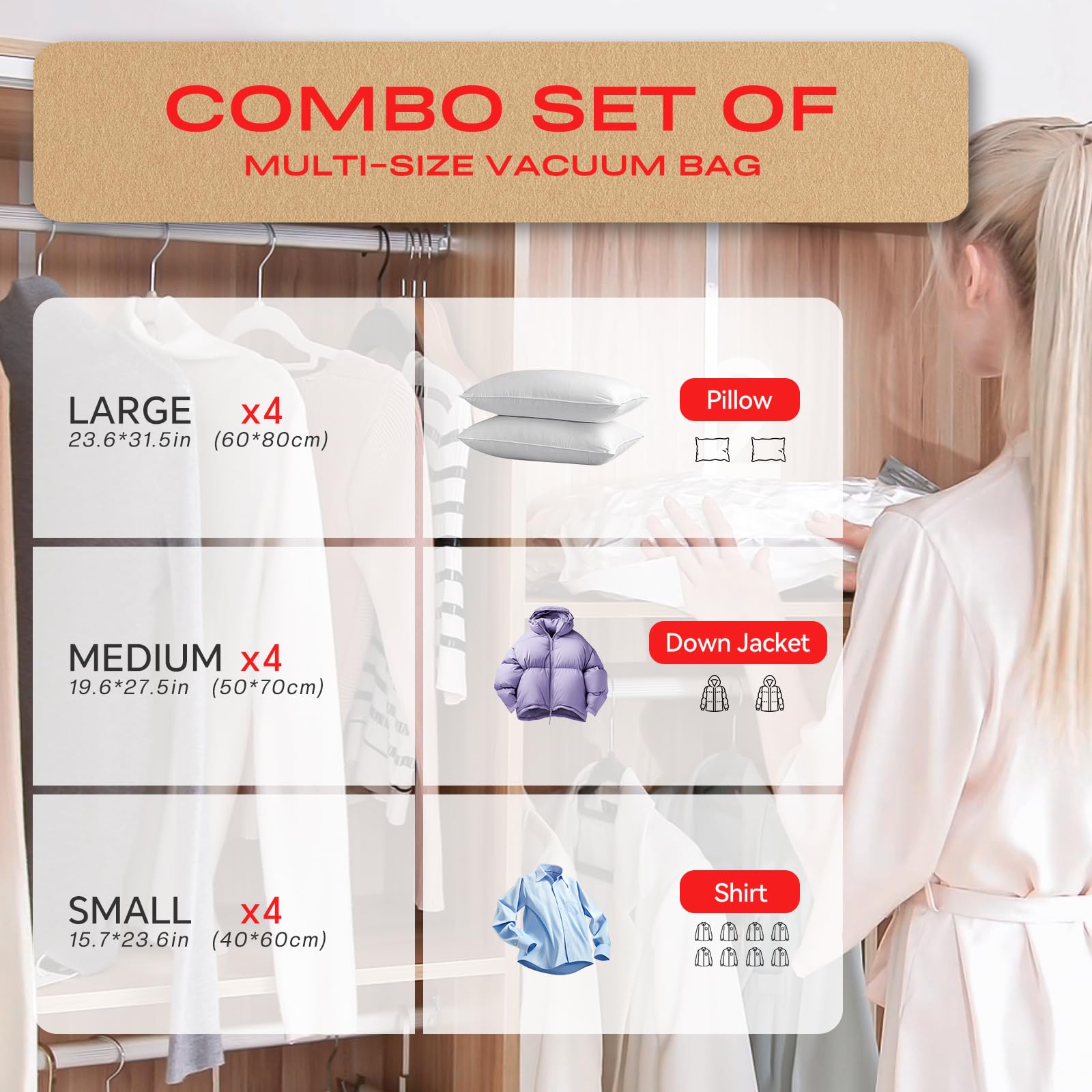 Vacbird Sacchetti Sottovuoto Vestiti con Pompa Elettrica, Confezione da 12 (4 grandi, 4 medi, 4 piccoli), Riutilizzabile Buste Sottovuoto Vestiti per Biancheria da letto, Viaggi, Traslochi