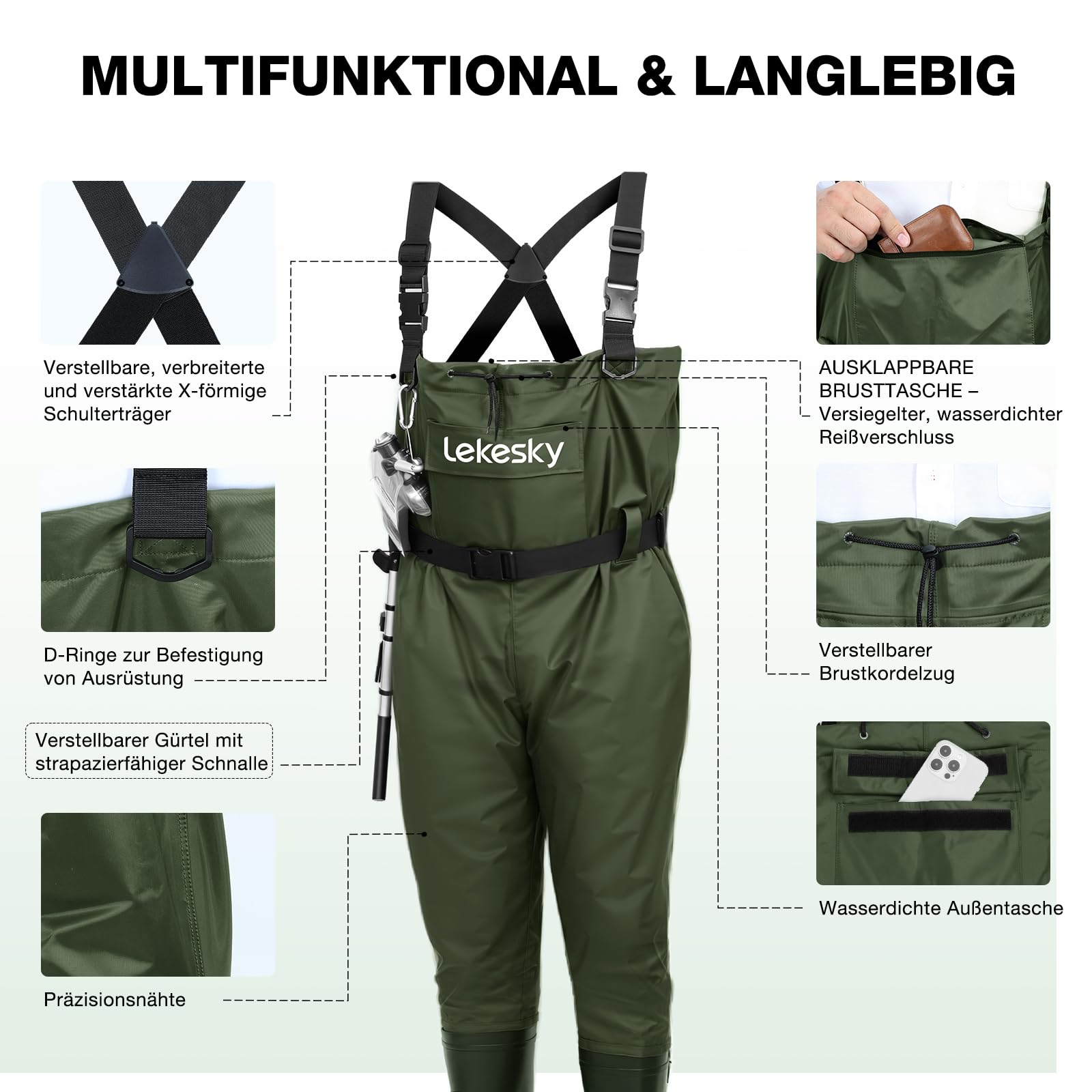 Lekesky Wathosen mit Stiefeln für Damen und Herren, wasserdichte 2-lagige Nylon/PVC-Wathosen – für den Einsatz im Wasser, zum Angeln, Jagen und Arbeiten im Schlamm