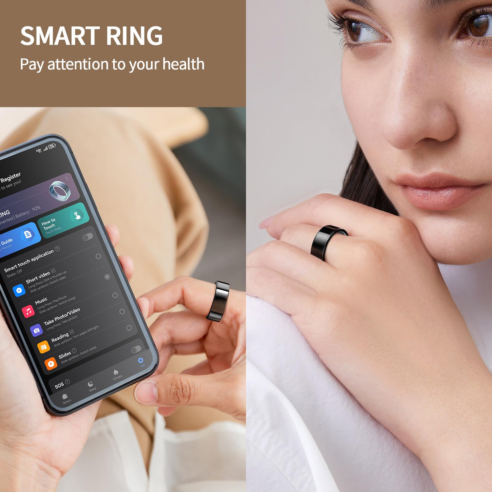 Anillo inteligente, monitor de actividad física de 24 horas con carga inalámbrica, anillo de salud con impermeabilidad IP68, rastreador de fitness para hombres/mujeres, conexión de aplicación portátil
