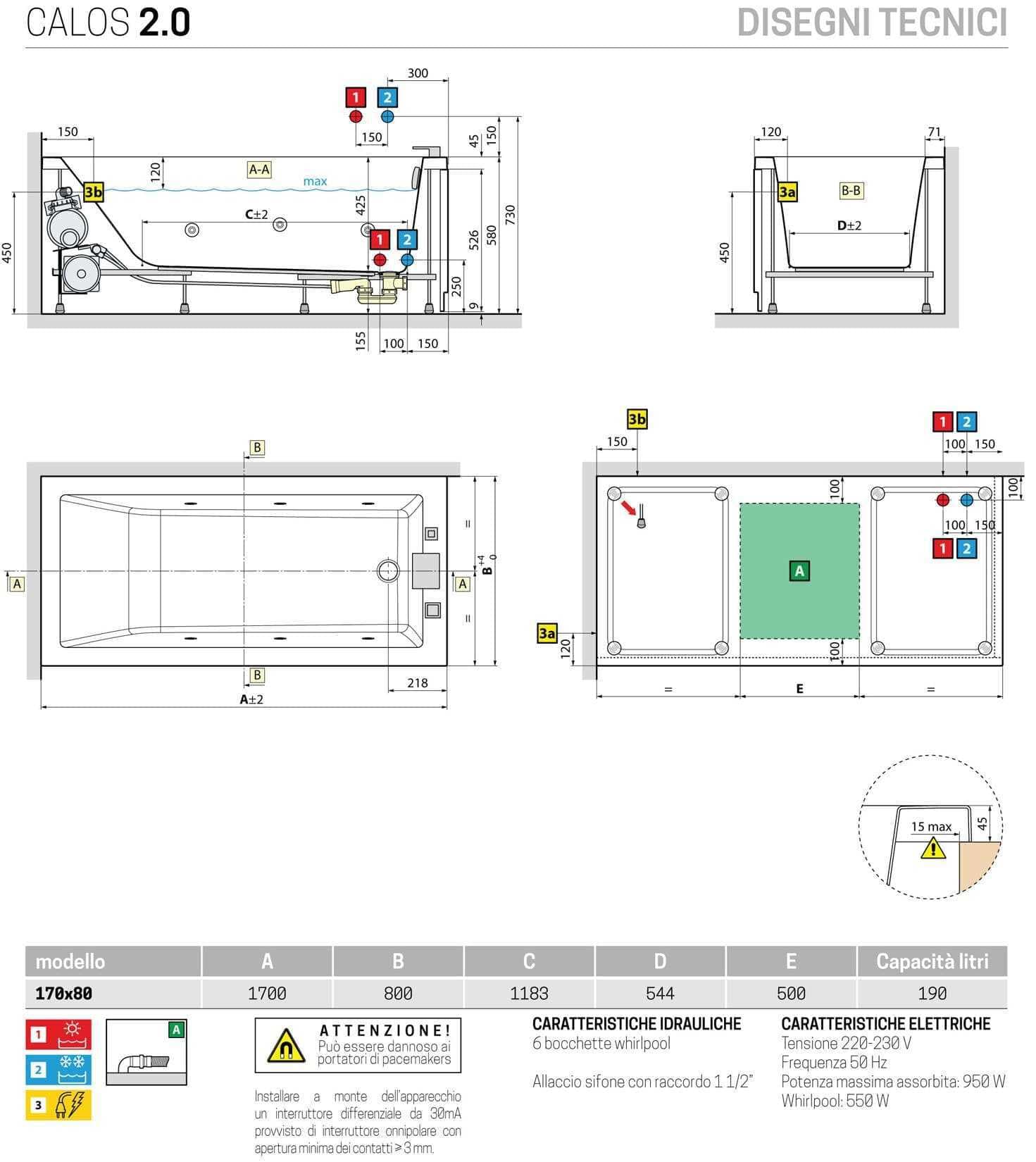 Novellini Calos 2.0 Hydro Boczna wanna wodna 6 dysz 170 x 80 cm wysokość 58 cm odwracalna prostokątna 1 panel przedni 2 boczne akryl biały błyszczący kolumna mikser poduszka wyświetlacz