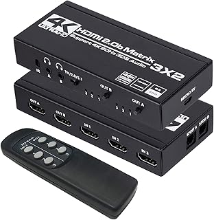 HDMI Matrix 3x2, 4K HDMI Matrix Switch 3 in 2 Out Switcher Splitter Box with EDID Extractor and IR Remote Control, Support Ultra 4K HDR, 4Kx2K@60Hz, 3D/1080P，HDMI 2.0b, HDCP 2.2