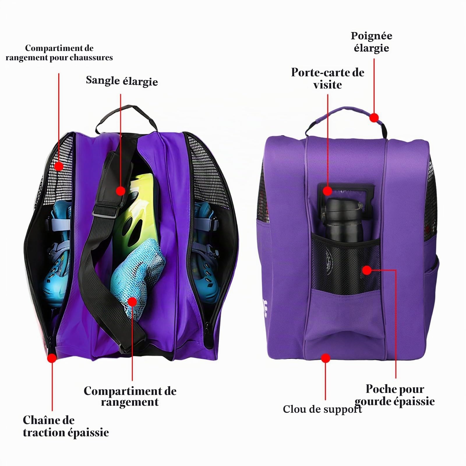Skatebag I Sac à Patins à Glace avec anses I Sac de Hockey sur Glace avec Fermeture éclair et Compartiments Pratiques (Violet)
