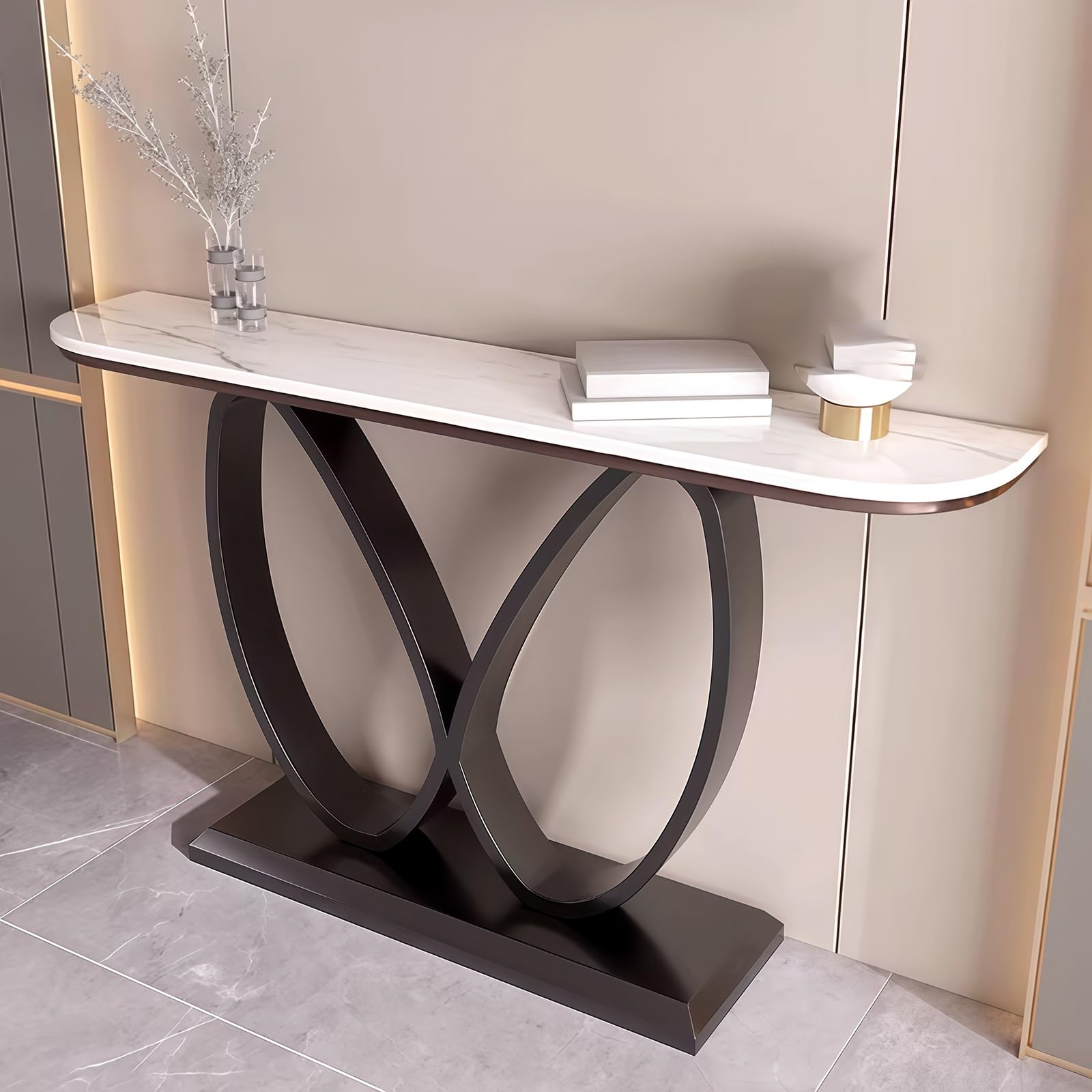 Consolle, Tavolino d'ingresso stretto effetto marmo con base geometrica in metallo, Tavolini d'appoggio contemporanei, Base decorativa creativa in acciaio al carbonio (Nero+Bianco, 120 cm/47,2")