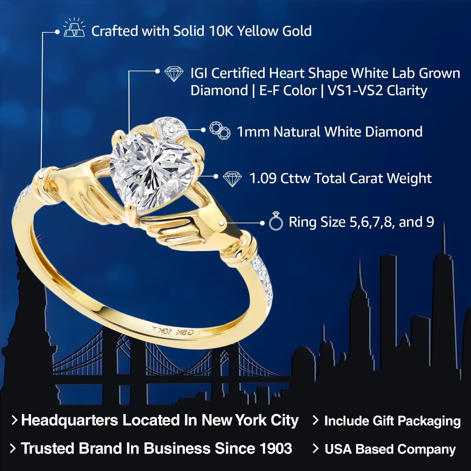 Gem Stone King 10K Yellow Gold IGI Certified Lab Grown Diamond Irish Celtic Claddagh Engagement Ring For Women | 1.09 Cttw | Center Diamond Heart Shape 1 Ct | E-F Color | VS1-VS2 Clarity
