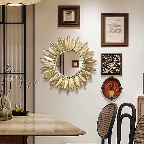 Miniatura 2 de Espejo de pared de metal dorado de 24 pulgadas, diseño de flores hechas a mano, espejo redondo de lujo, decoración de pared bohemia para dormitorio,