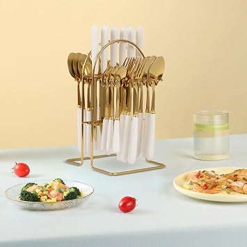 Cutlery Set 24 Piece Finish Stainless Steel Flatware with Blades, Ceramic Handles, Gold Iron Cutlery Storage Stand for Elegant Modern Dining and Kitchen Organization (White)
