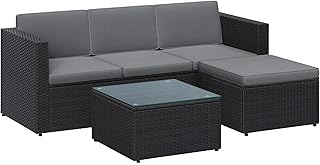 SONGMICS Gartenmöbel-Set, Balkonmöbel aus PE-Polyrattan, Terrassenmöbel, Ecksofa, Outdoor, handgeflochtenes Rattan, Lounge-Set, mit Kissen und Glastisch, schwarz-grau GGF005B04
